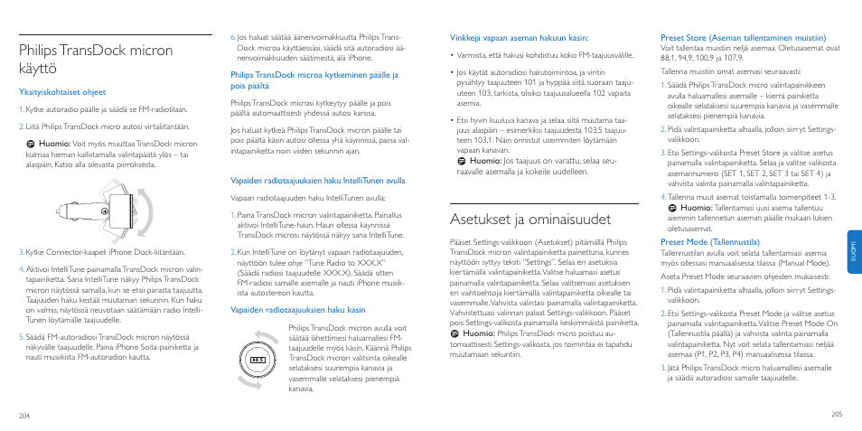 Asetukset ja ominaisuudet, Philipstransdock micron käyttö | Philips TransDock micro User Manual | Page 103 / 107