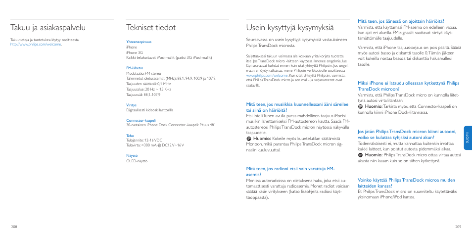 Usein kysyttyjä kysymyksiä, Takuu ja asiakaspalvelu, Tekniset tiedot | Philips TransDock micro User Manual | Page 105 / 107