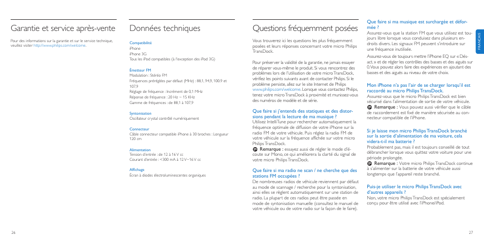 Questions fréquemment posées, Garantie et service après-vente, Données techniques | Philips TransDock micro User Manual | Page 14 / 107