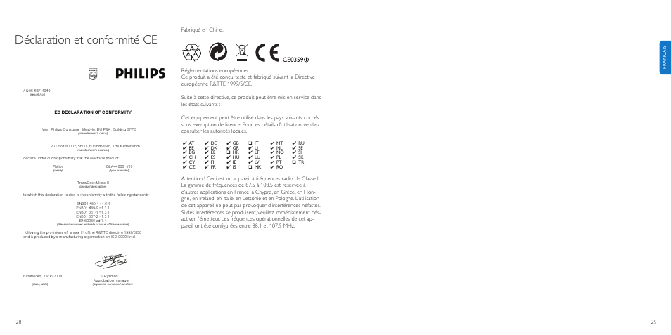 Déclaration et conformité ce | Philips TransDock micro User Manual | Page 15 / 107