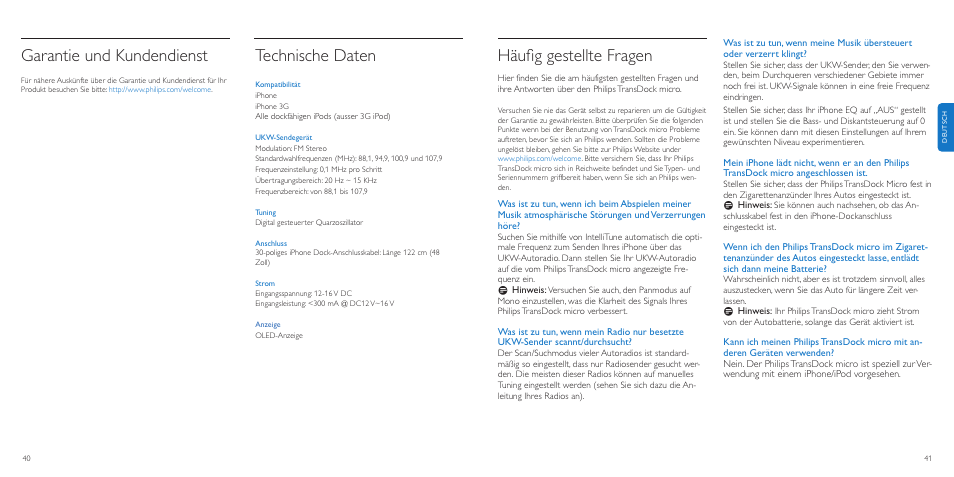 Häuﬁg gestellte fragen, Garantie und kundendienst, Technische daten | Philips TransDock micro User Manual | Page 21 / 107