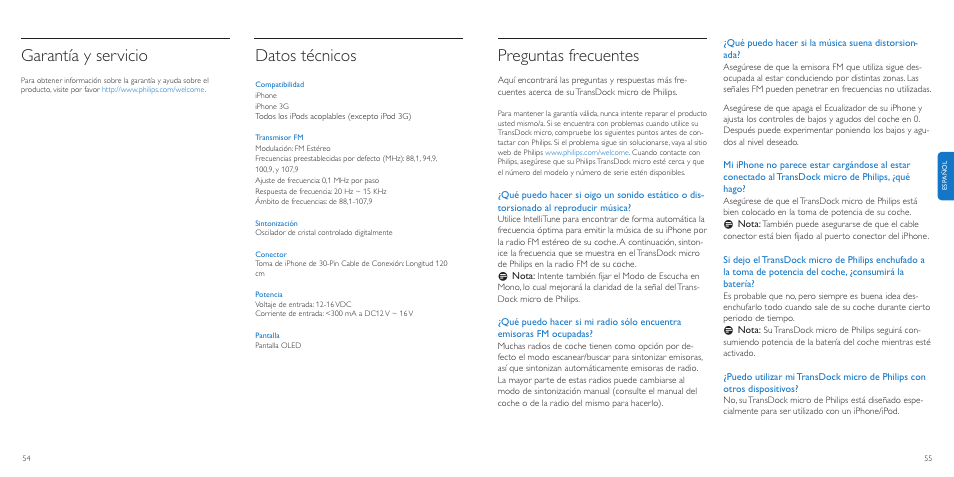 Preguntas frecuentes, Garantía y servicio, Datos técnicos | Philips TransDock micro User Manual | Page 28 / 107