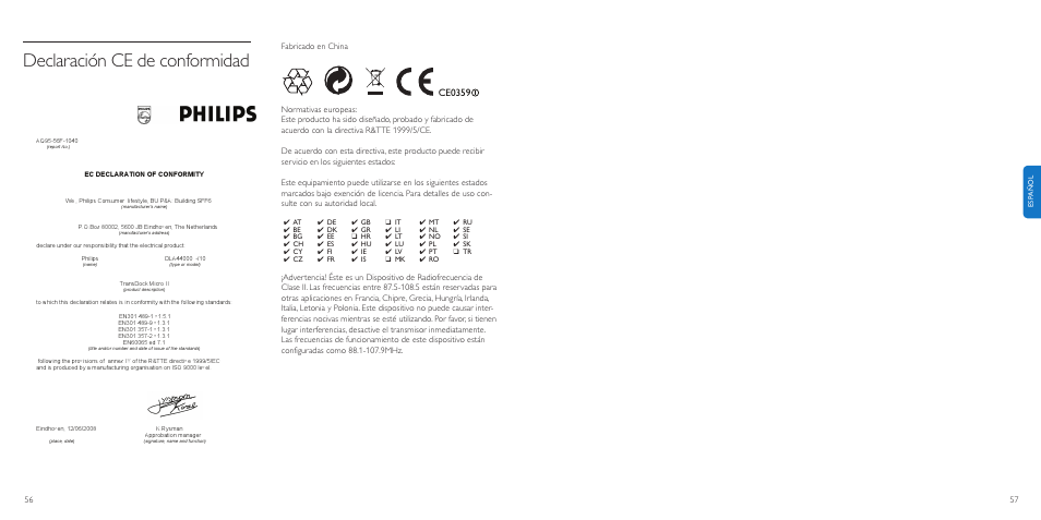 Declaración ce de conformidad | Philips TransDock micro User Manual | Page 29 / 107