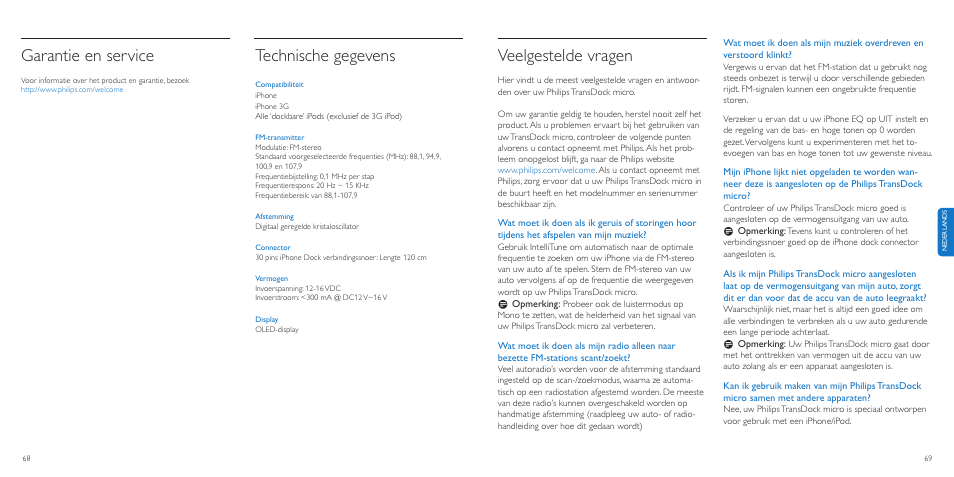 Veelgestelde vragen, Garantie en service, Technische gegevens | Philips TransDock micro User Manual | Page 35 / 107