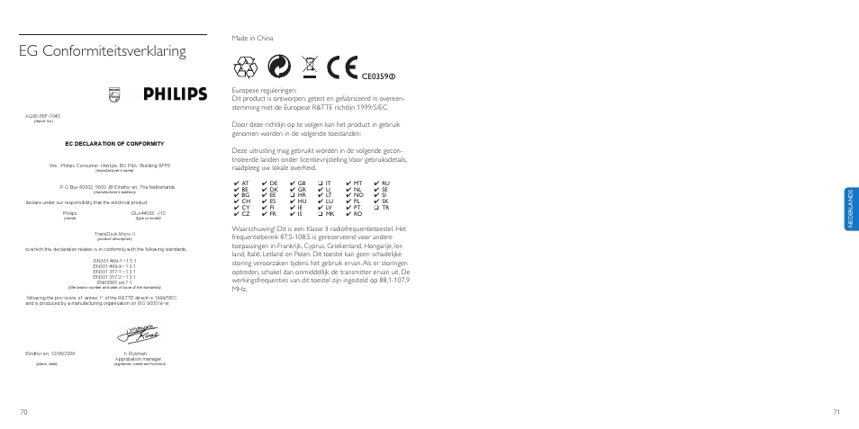 Eg conformiteitsverklaring | Philips TransDock micro User Manual | Page 36 / 107