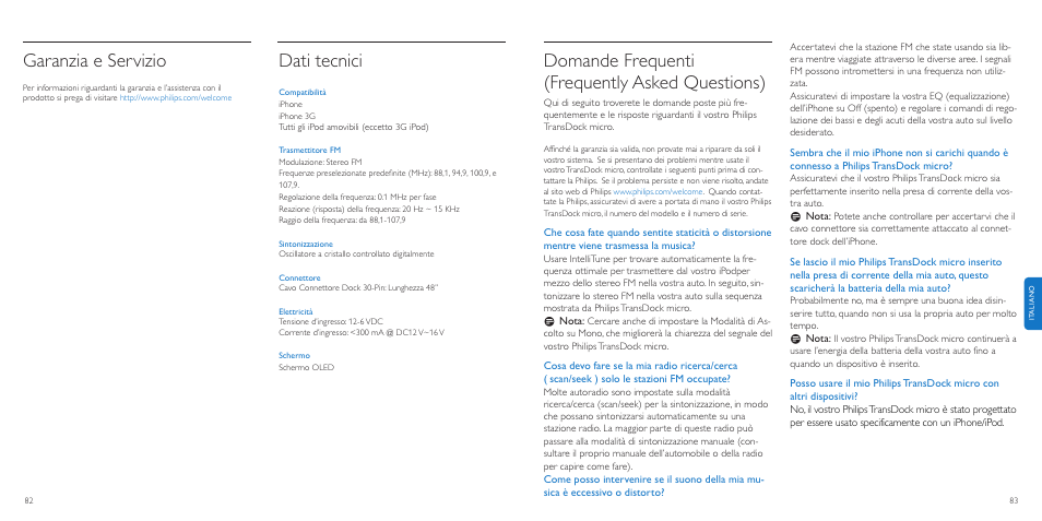Domande frequenti (frequently asked questions), Garanzia e servizio, Dati tecnici | Philips TransDock micro User Manual | Page 42 / 107