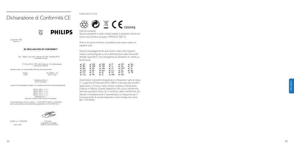 Dichiarazione di conformità ce | Philips TransDock micro User Manual | Page 43 / 107