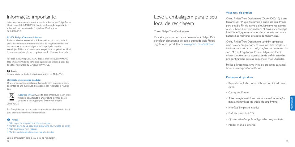 Leve a embalagem para o seu local de reciclagem, Informação importante | Philips TransDock micro User Manual | Page 45 / 107