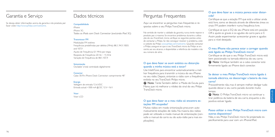 Perguntas frequentes, Garantia e serviço, Dados técnicos | Philips TransDock micro User Manual | Page 49 / 107