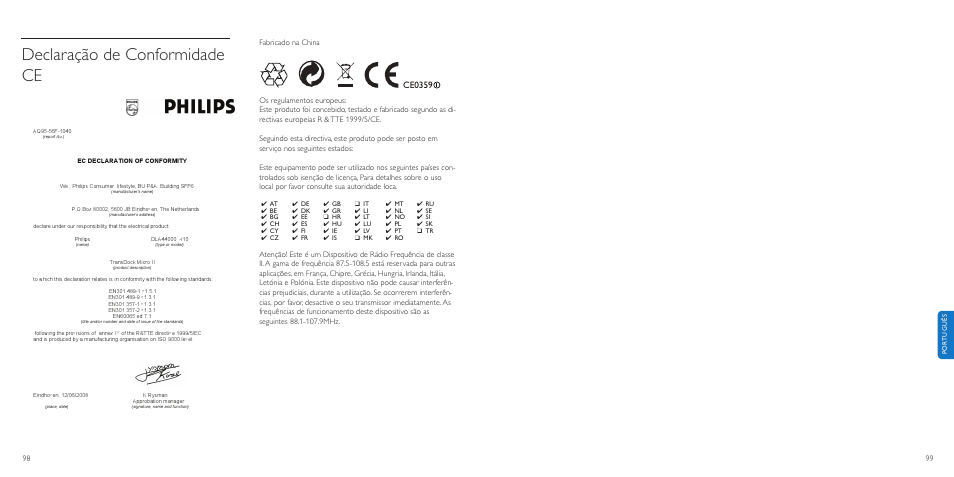 Declaração de conformidade ce | Philips TransDock micro User Manual | Page 50 / 107