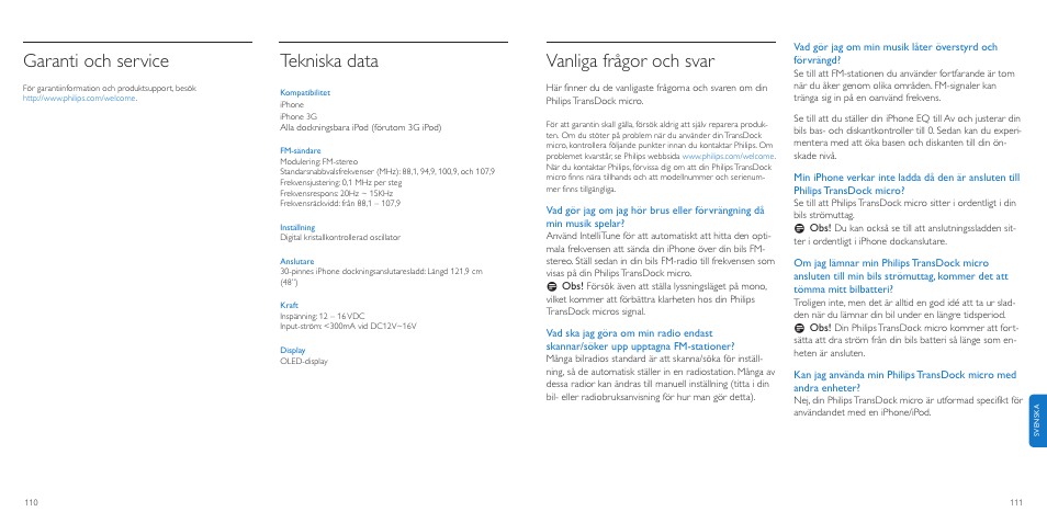 Vanliga frågor och svar, Garanti och service, Tekniska data | Philips TransDock micro User Manual | Page 56 / 107