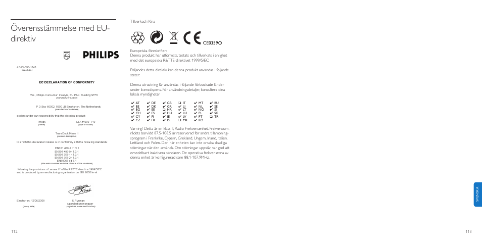 Överensstämmelse med eu- direktiv | Philips TransDock micro User Manual | Page 57 / 107