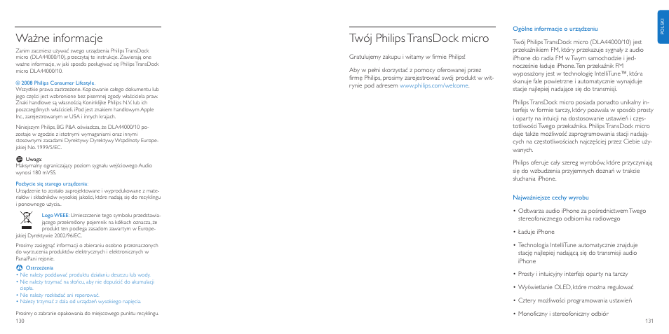 Twój philipstransdock micro, Ważne informacje | Philips TransDock micro User Manual | Page 66 / 107
