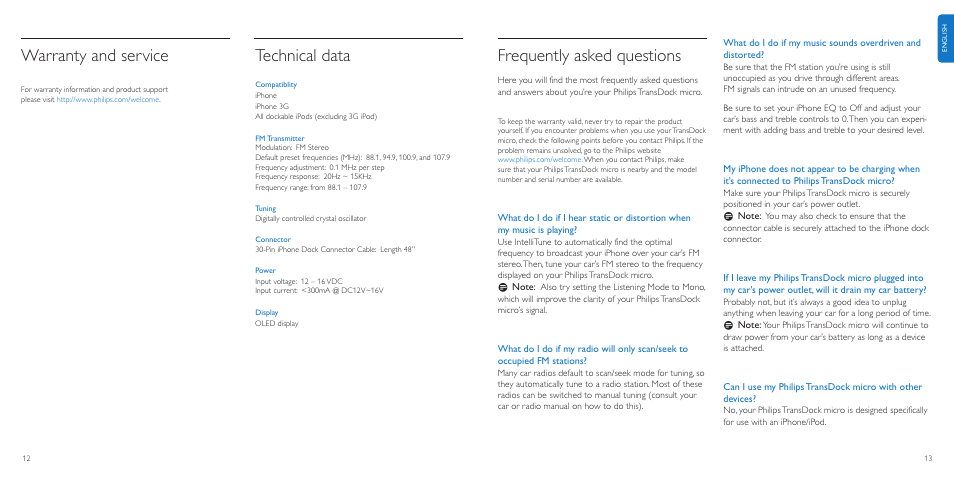 Frequently asked questions, Warranty and service, Technical data | Philips TransDock micro User Manual | Page 7 / 107