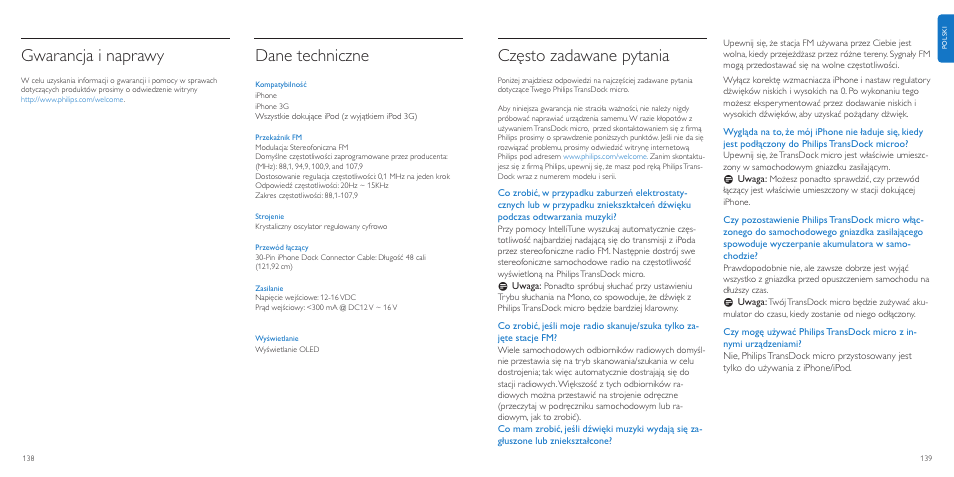 Często zadawane pytania, Gwarancja i naprawy, Dane techniczne | Philips TransDock micro User Manual | Page 70 / 107