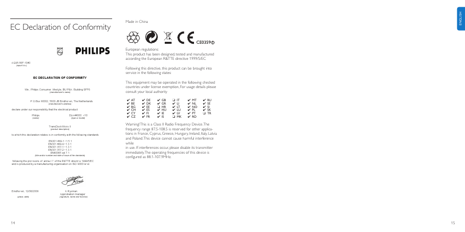 Ec declaration of conformity | Philips TransDock micro User Manual | Page 8 / 107