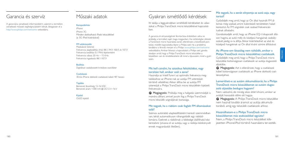 Gyakran ismétlődő kérdések, Garancia és szervíz, Műszaki adatok | Philips TransDock micro User Manual | Page 91 / 107