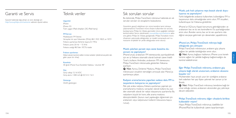 Sık sorulan sorular, Garanti ve servis, Teknik veriler | Philips TransDock micro User Manual | Page 98 / 107