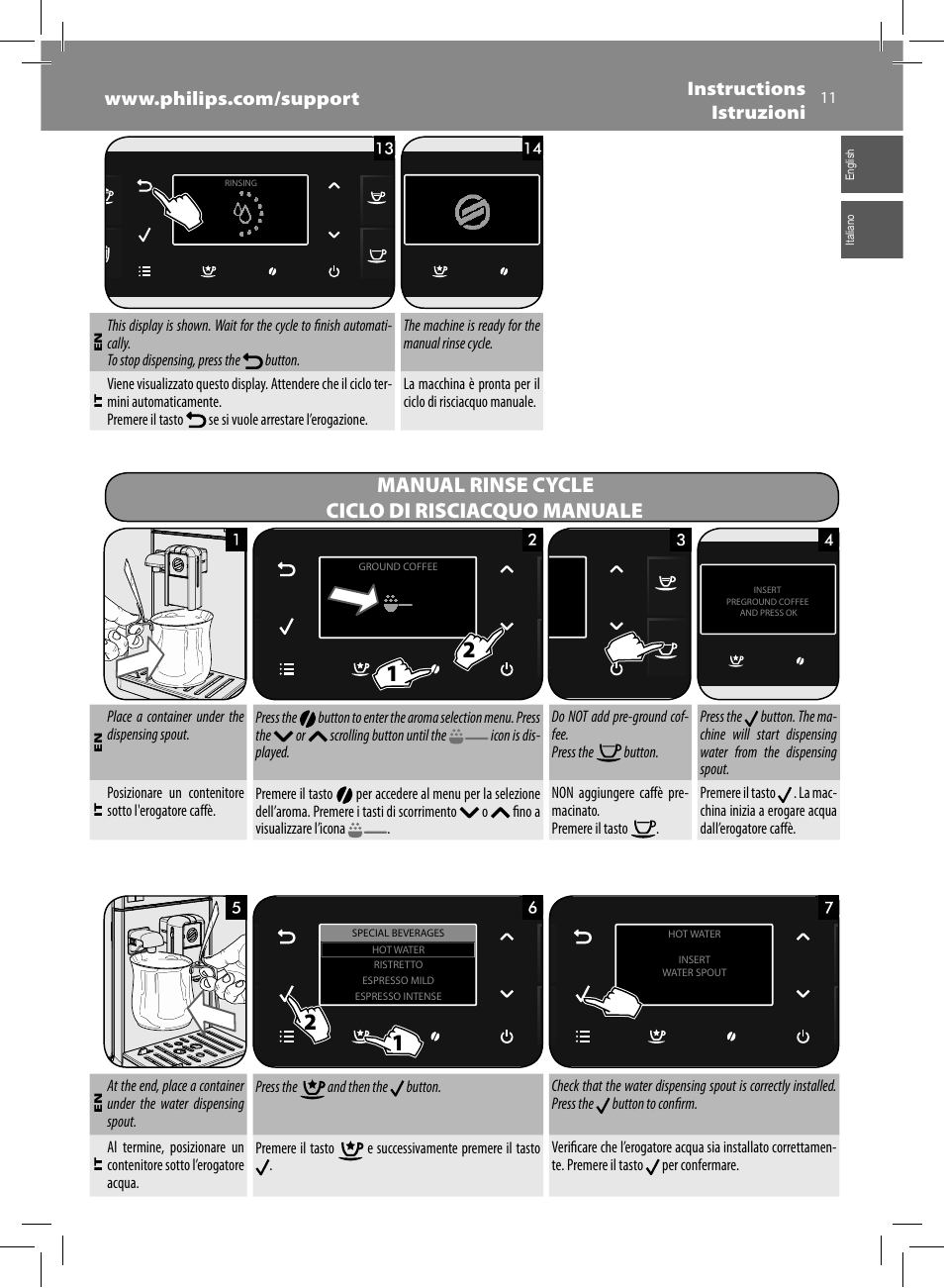 Manual rinse cycle ciclo di risciacquo manuale | Philips Saeco GranBaristo Machine espresso Super Automatique User Manual | Page 11 / 80