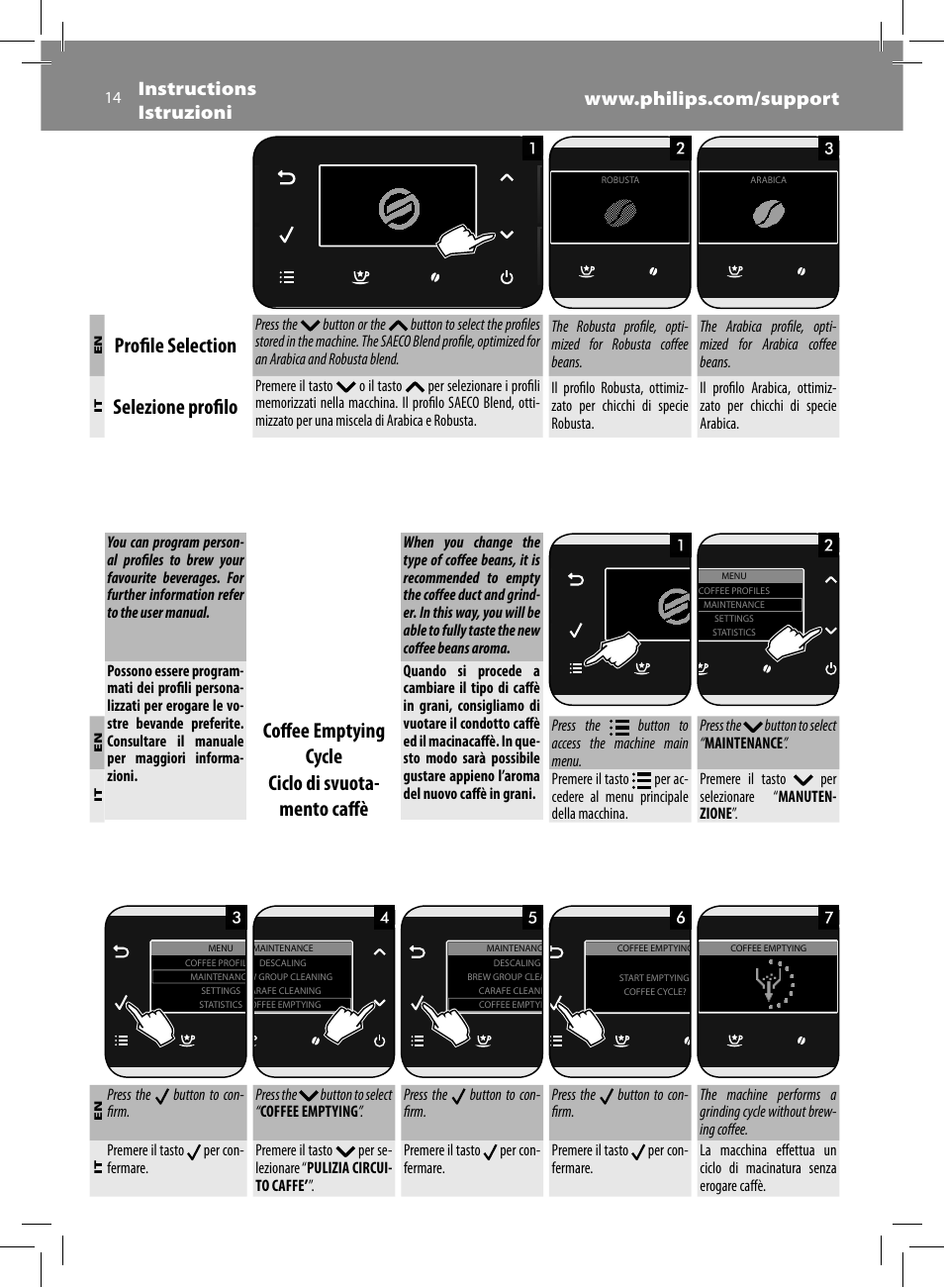 Profi le selection, Selezione profi lo, Coff ee emptying cycle | Ciclo di svuota- mento caff è | Philips Saeco GranBaristo Machine espresso Super Automatique User Manual | Page 14 / 80