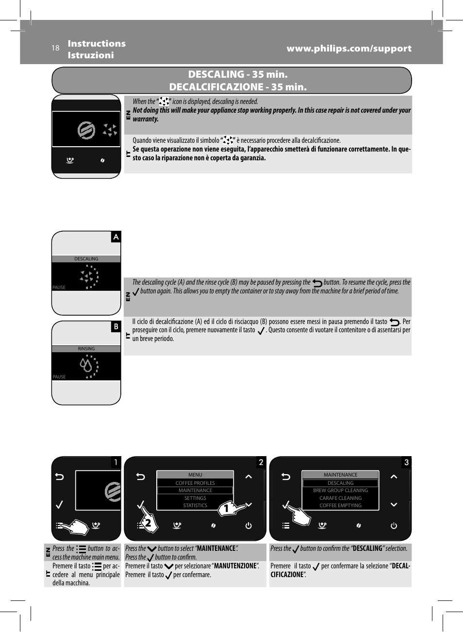 Descaling - 35 min. decalcificazione - 35 min | Philips Saeco GranBaristo Machine espresso Super Automatique User Manual | Page 18 / 80