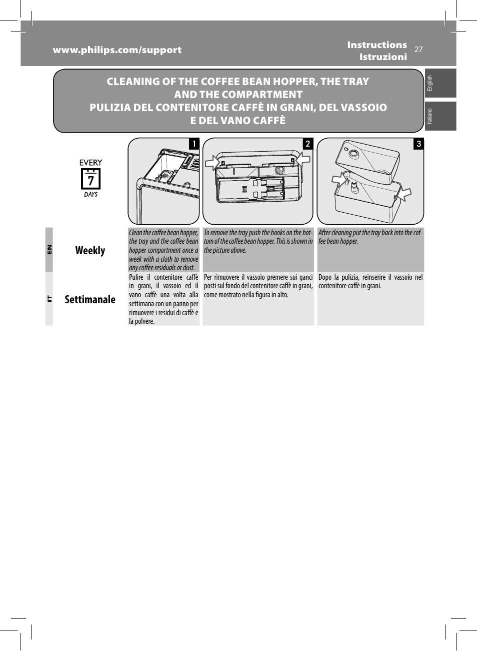 Weekly, Settimanale | Philips Saeco GranBaristo Machine espresso Super Automatique User Manual | Page 27 / 80