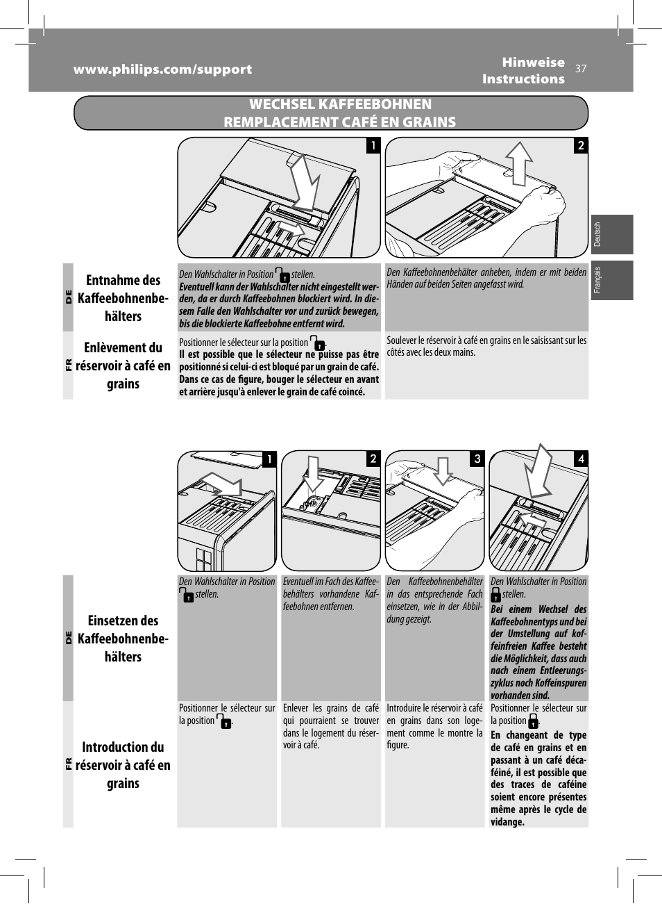 Wechsel kaffeebohnen remplacement café en grains, Entnahme des kaff eebohnenbe- hälters, Enlèvement du réservoir à café en grains | Einsetzen des kaff eebohnenbe- hälters, Introduction du réservoir à café en grains | Philips Saeco GranBaristo Machine espresso Super Automatique User Manual | Page 37 / 80