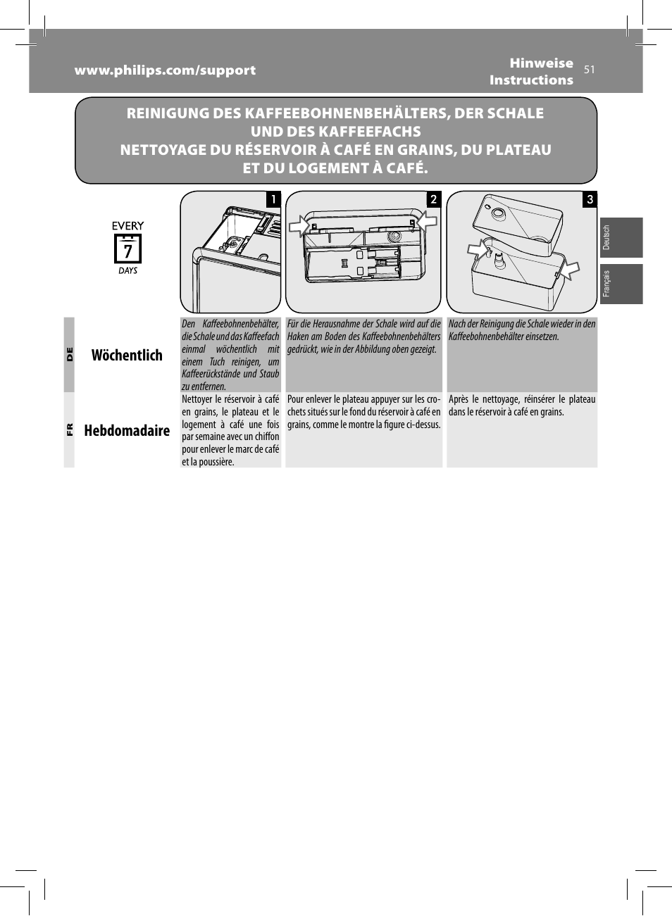 Wöchentlich, Hebdomadaire | Philips Saeco GranBaristo Machine espresso Super Automatique User Manual | Page 51 / 80