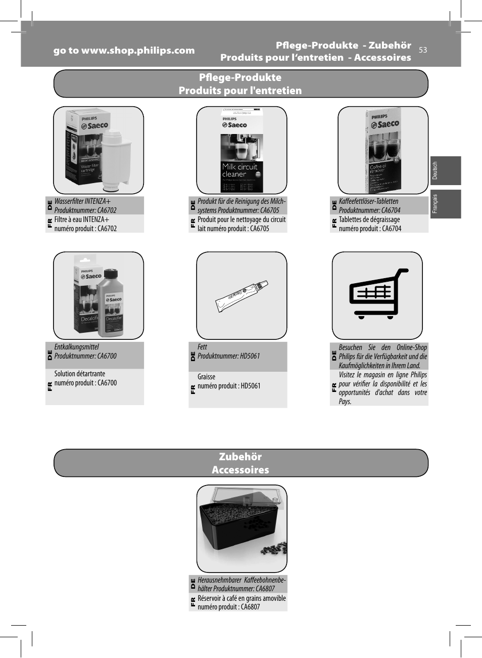 Pfl ege-produkte produits pour l'entretien, Zubehör accessoires | Philips Saeco GranBaristo Machine espresso Super Automatique User Manual | Page 53 / 80