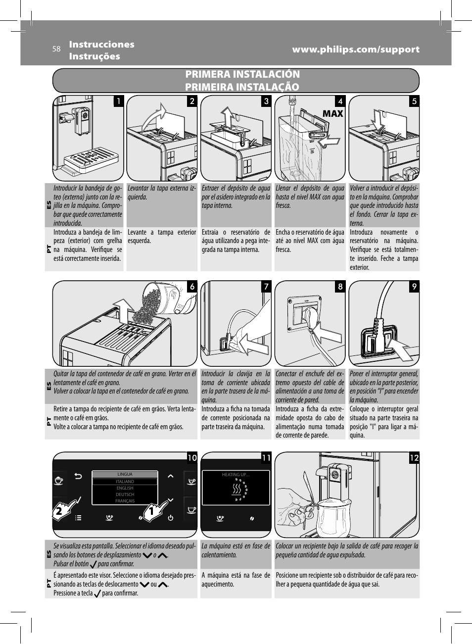 Primera instalación primeira instalação | Philips Saeco GranBaristo Machine espresso Super Automatique User Manual | Page 58 / 80