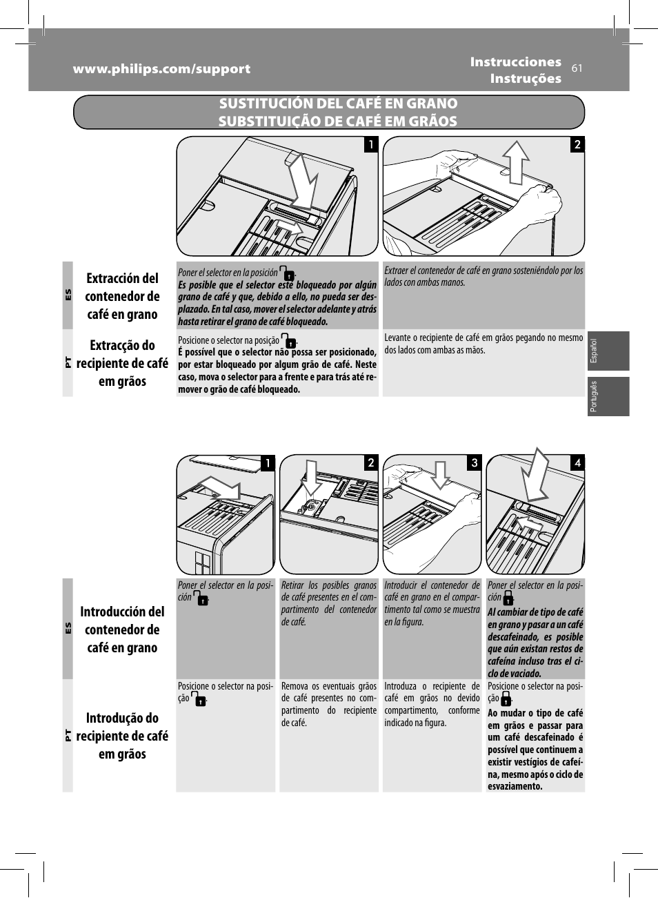 Extracción del contenedor de café en grano, Extracção do recipiente de café em grãos, Introducción del contenedor de café en grano | Introdução do recipiente de café em grãos | Philips Saeco GranBaristo Machine espresso Super Automatique User Manual | Page 61 / 80