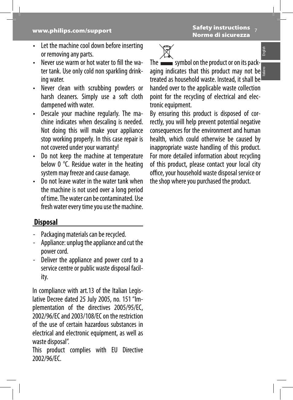 Disposal | Philips Saeco GranBaristo Machine espresso Super Automatique User Manual | Page 7 / 80