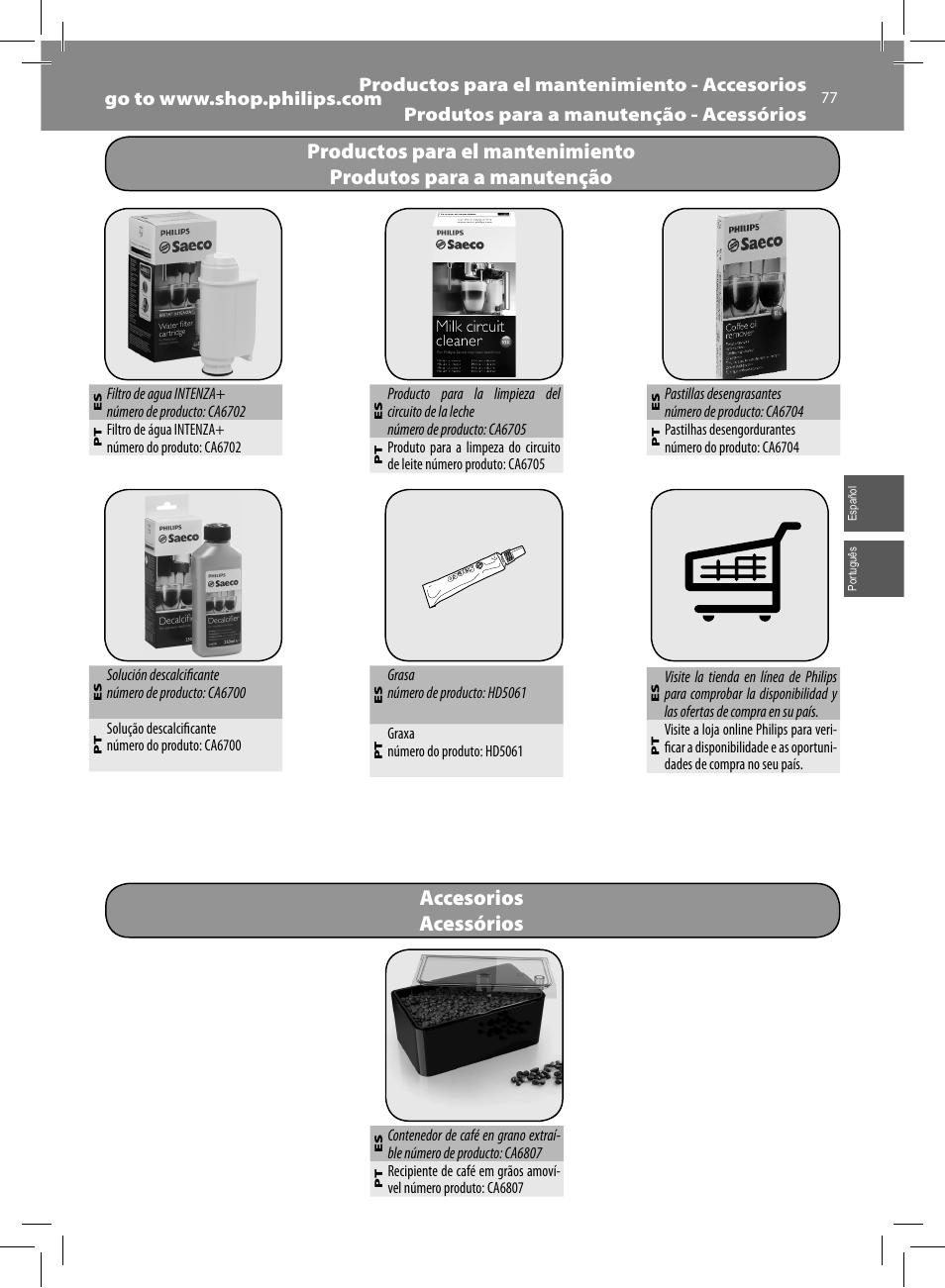 Accesorios acessórios | Philips Saeco GranBaristo Machine espresso Super Automatique User Manual | Page 77 / 80