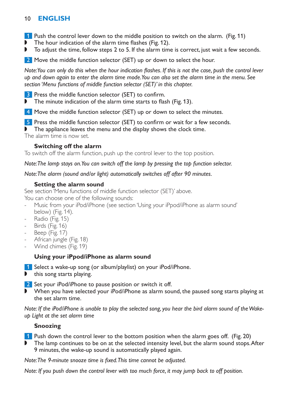 Switching off the alarm, Setting the alarm sound, Using your ippod/iphone as alarm sound | Snoozing, Alarm demonstration | Philips Éveil Lumière User Manual | Page 10 / 124