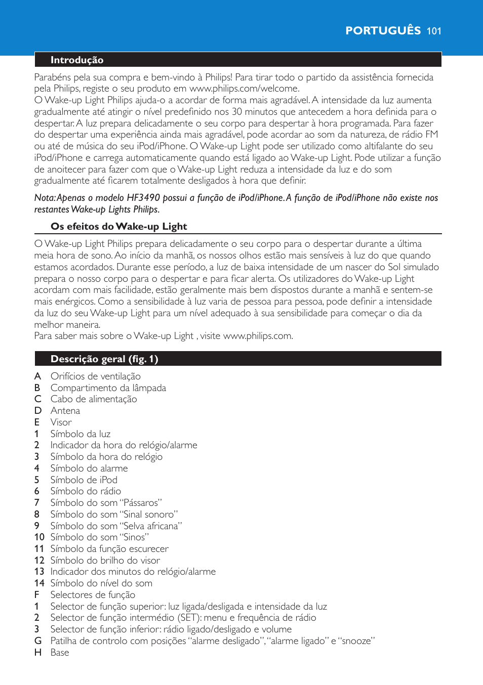 Português, Introdução, Os efeitos do wake-up light | Descrição geral (fig. 1) | Philips Éveil Lumière User Manual | Page 101 / 124