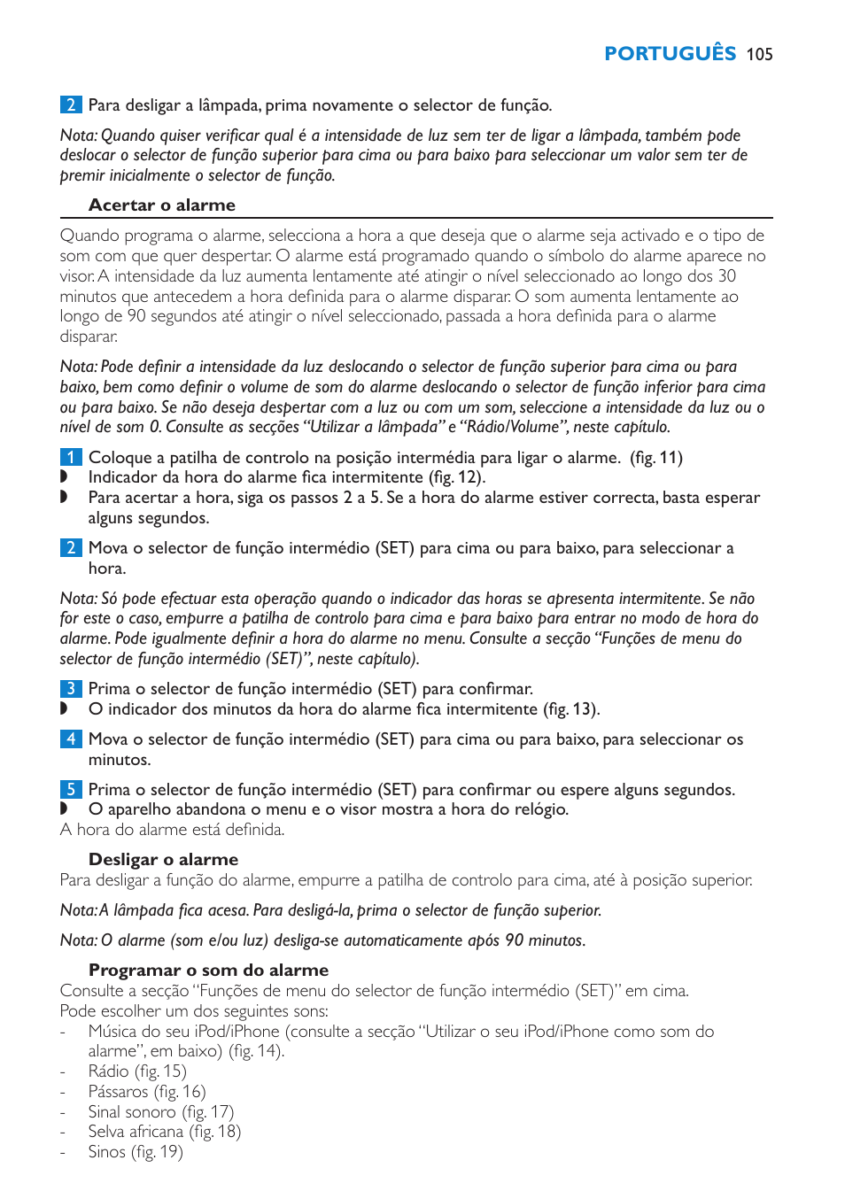 Acertar o alarme, Desligar o alarme, Programar o som do alarme | Philips Éveil Lumière User Manual | Page 105 / 124