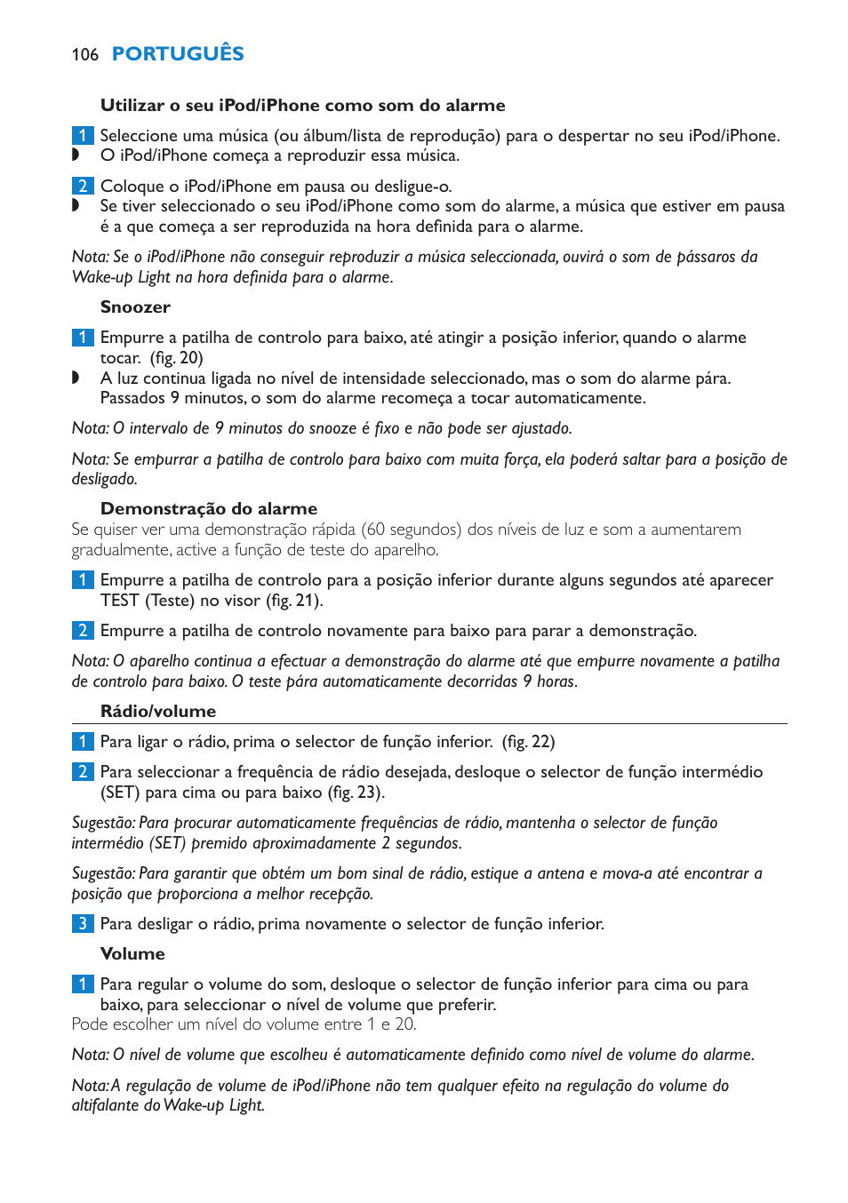 Utilizar o seu ipod/iphone como som do alarme, Snoozer, Demonstração do alarme | Rádio/volume, Volume | Philips Éveil Lumière User Manual | Page 106 / 124