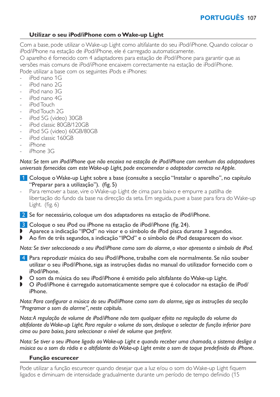 Utilizar o seu ipod/iphone com o wake-up light, Função escurecer | Philips Éveil Lumière User Manual | Page 107 / 124