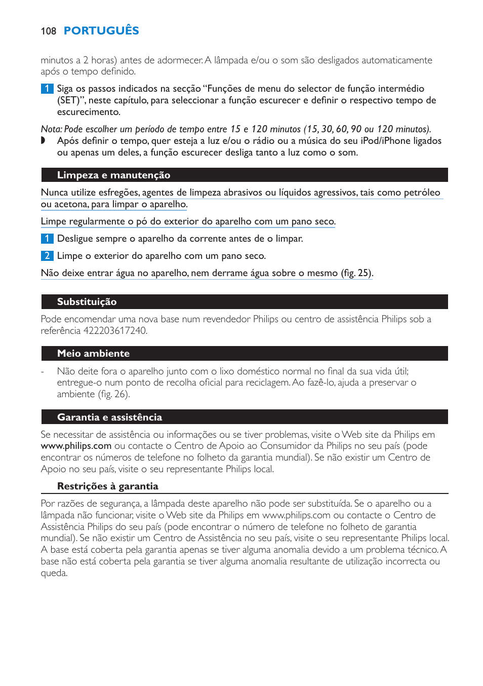 Limpeza e manutenção, Substituição, Meio ambiente | Garantia e assistência, Restrições à garantia, Resolução de problemas | Philips Éveil Lumière User Manual | Page 108 / 124