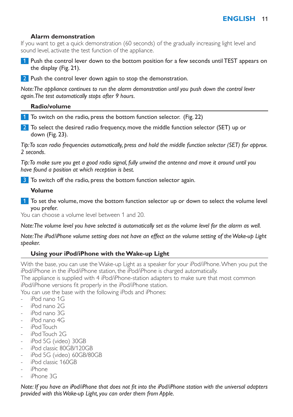 Radio/volume, Volume, Using your ipod/iphone with the wake-up light | Philips Éveil Lumière User Manual | Page 11 / 124