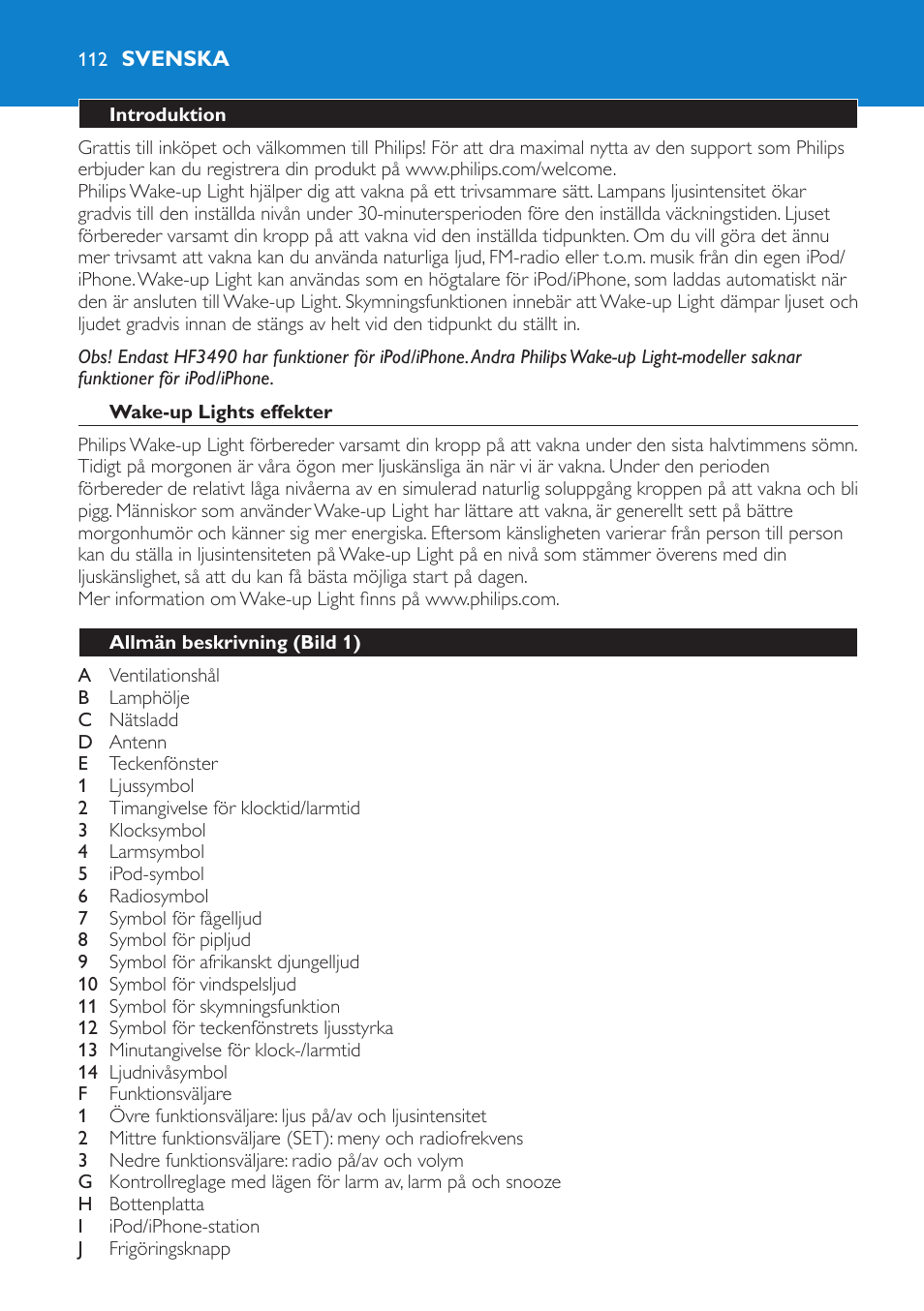 Svenska, Introduktion, Wake-up lights effekter | Allmän beskrivning (bild 1) | Philips Éveil Lumière User Manual | Page 112 / 124