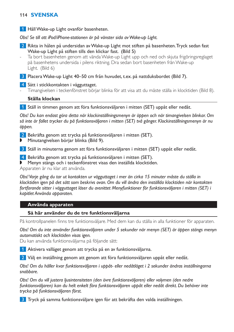 Ställa klockan, Använda apparaten, Så här använder du de tre funktionsväljarna | Philips Éveil Lumière User Manual | Page 114 / 124