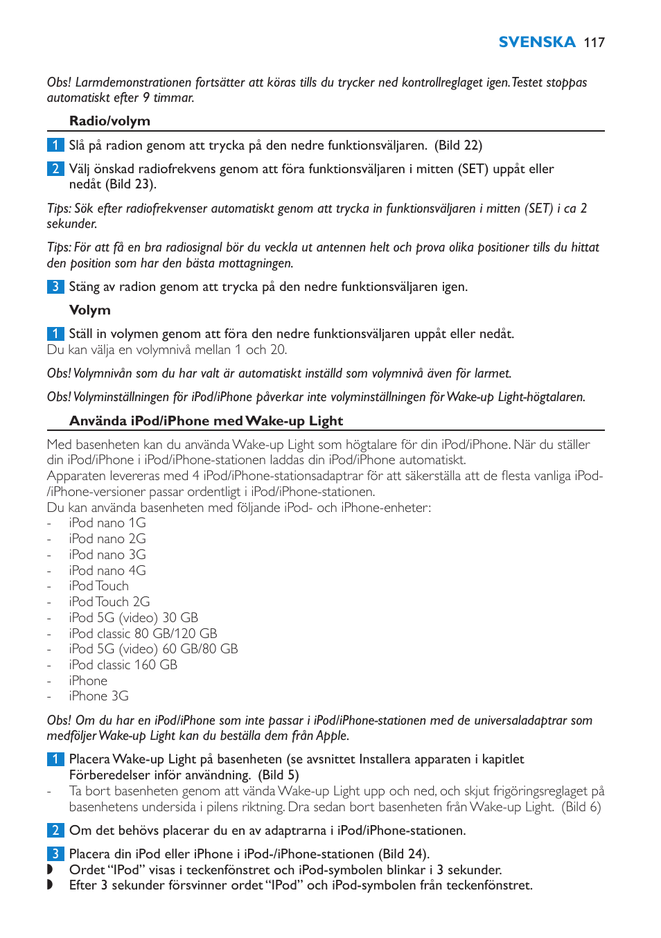 Radio/volym, Volym, Använda ipod/iphone med wake-up light | Philips Éveil Lumière User Manual | Page 117 / 124