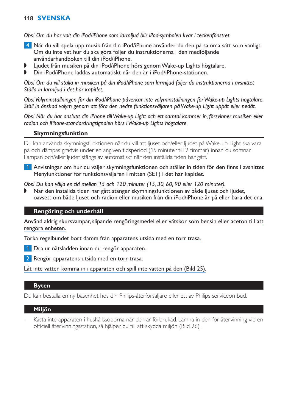 Skymningsfunktion, Rengöring och underhåll, Byten | Miljön, Garanti och service | Philips Éveil Lumière User Manual | Page 118 / 124