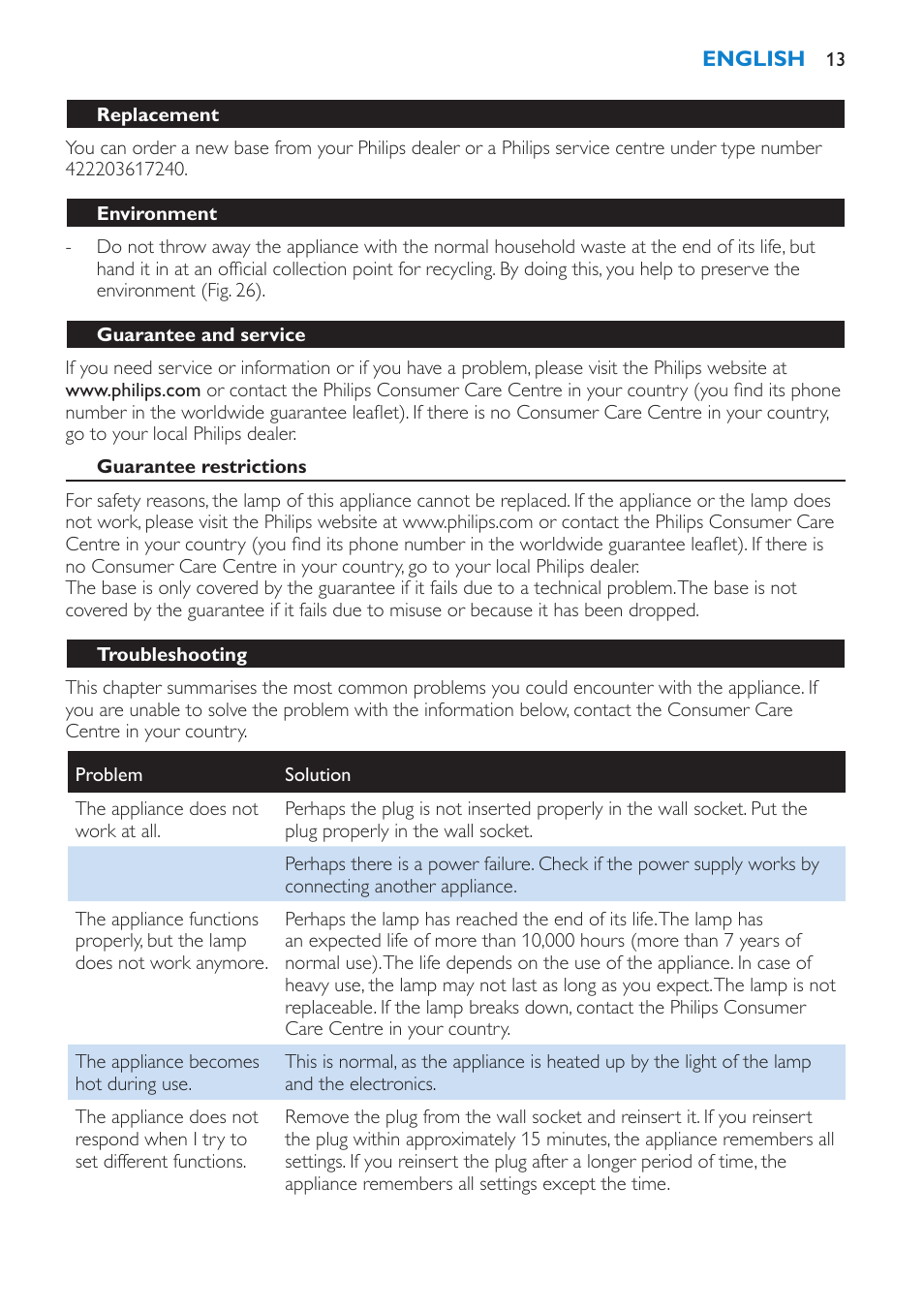 Guarantee and service, Guarantee restrictions, Troubleshooting | Philips Éveil Lumière User Manual | Page 13 / 124