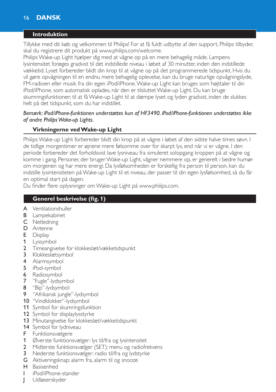 Dansk, Introduktion, Virkningerne ved wake-up light | Generel beskrivelse (fig. 1) | Philips Éveil Lumière User Manual | Page 16 / 124