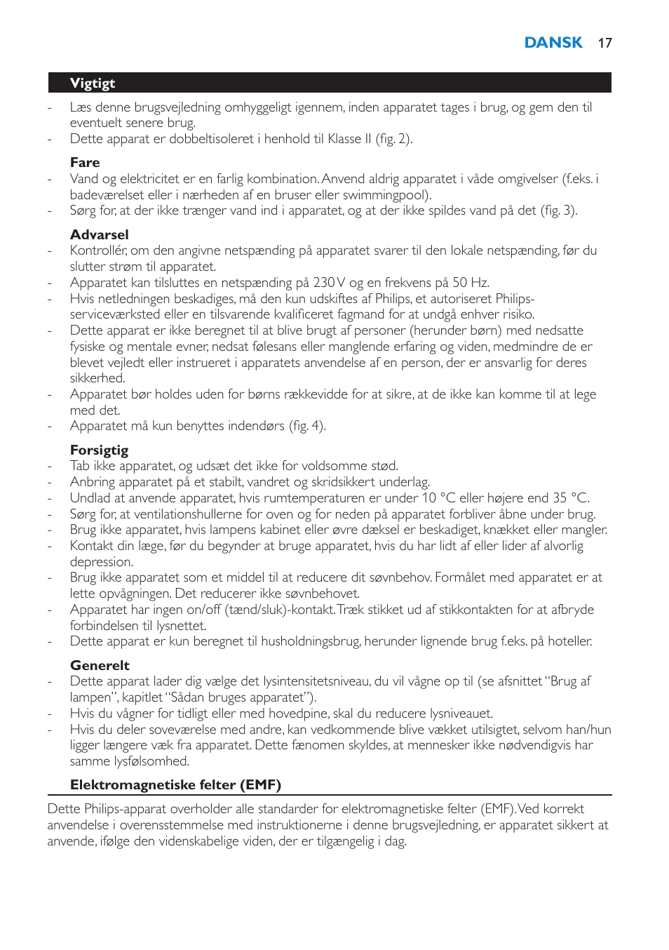 Fare, Advarsel, Forsigtig | Generelt, Vigtigt, Elektromagnetiske felter (emf) | Philips Éveil Lumière User Manual | Page 17 / 124