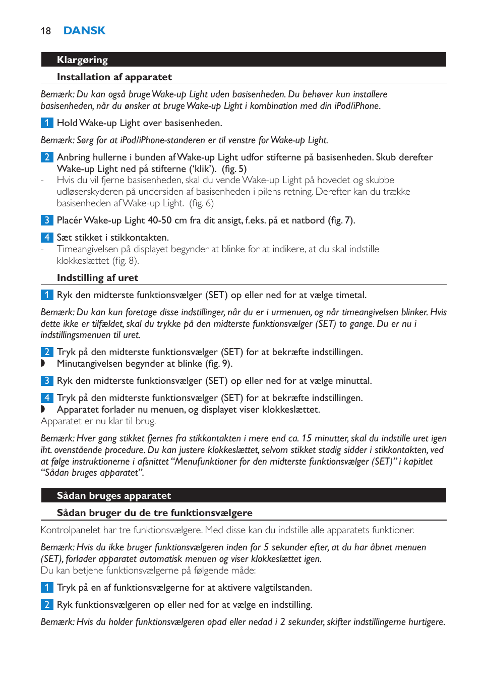 Klargøring, Installation af apparatet, Indstilling af uret | Sådan bruges apparatet, Sådan bruger du de tre funktionsvælgere | Philips Éveil Lumière User Manual | Page 18 / 124