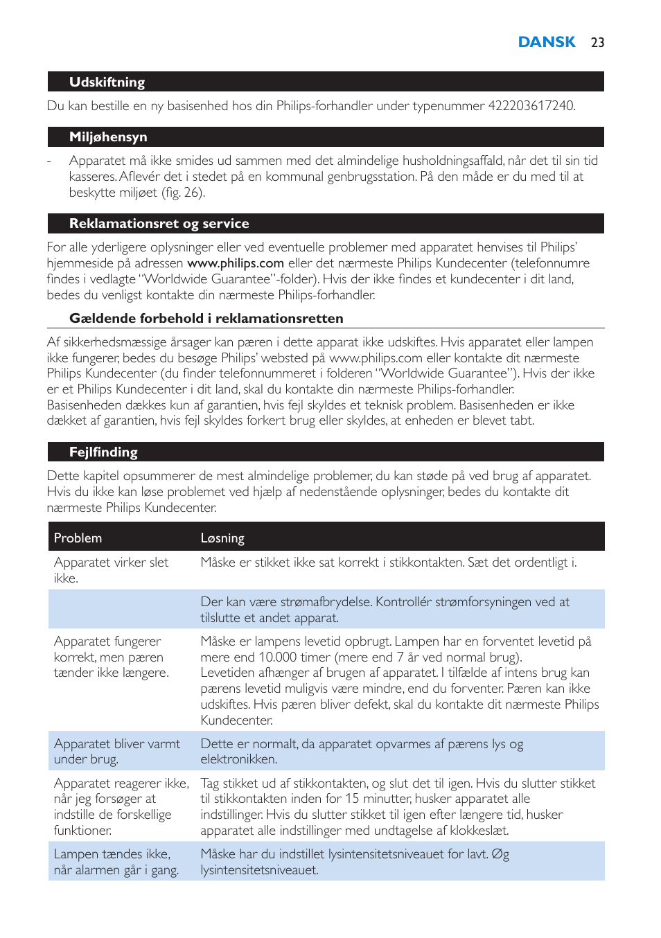 Udskiftning, Miljøhensyn, Reklamationsret og service | Gældende forbehold i reklamationsretten, Fejlfinding | Philips Éveil Lumière User Manual | Page 23 / 124