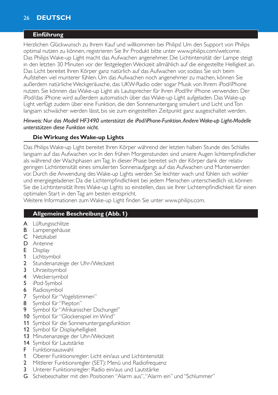 Deutsch, Einführung, Die wirkung des wake-up lights | Allgemeine beschreibung (abb. 1) | Philips Éveil Lumière User Manual | Page 26 / 124